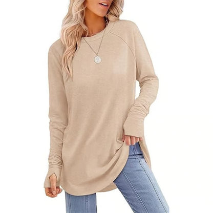 Womens Tunic Tops to Wear with Leggings Long Sleeve Thumb Hole Shirts Crew Neck Curved Hem