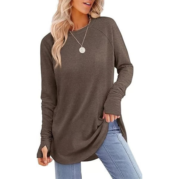 Womens Tunic Tops to Wear with Leggings Long Sleeve Thumb Hole Shirts Crew Neck Curved Hem