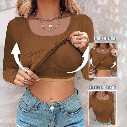 🔥Buy 1 Get 1 Free🔥Neck Built-in Bra Long Sleeve Ribbed Top Shirts Elegant Skinny Fit Fabric💥
