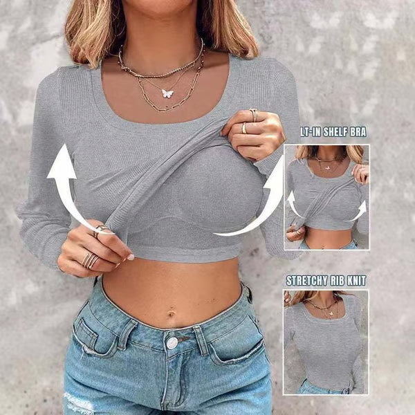 🔥Buy 1 Get 1 Free🔥Neck Built-in Bra Long Sleeve Ribbed Top Shirts Elegant Skinny Fit Fabric💥