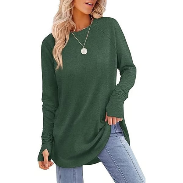 Womens Tunic Tops to Wear with Leggings Long Sleeve Thumb Hole Shirts Crew Neck Curved Hem