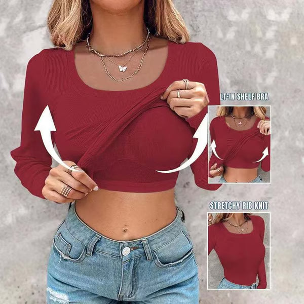 🔥Buy 1 Get 1 Free🔥Neck Built-in Bra Long Sleeve Ribbed Top Shirts Elegant Skinny Fit Fabric💥
